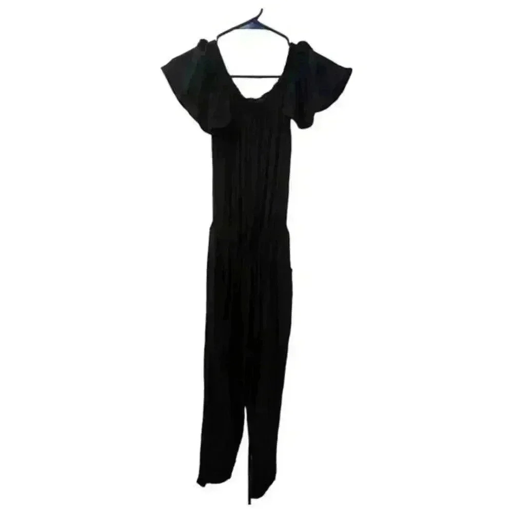 Beachgold Black Off-the-Shoulder Jumpsuit XS Short Sleeve Elastic Waist Pockets - Picture 1 of 7